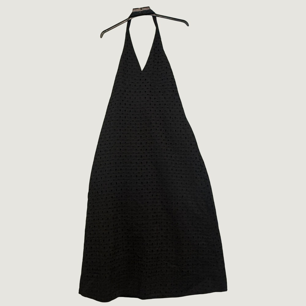 A New Day Black Eyelet Maxi A-Line Dress Halter Neck Smocked Open Back Size M